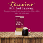 Teeccino roasted chicory herbal tea box with glass mug on wooden table