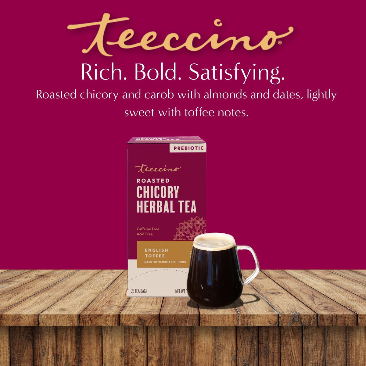 Teeccino roasted chicory herbal tea box with glass mug on wooden table