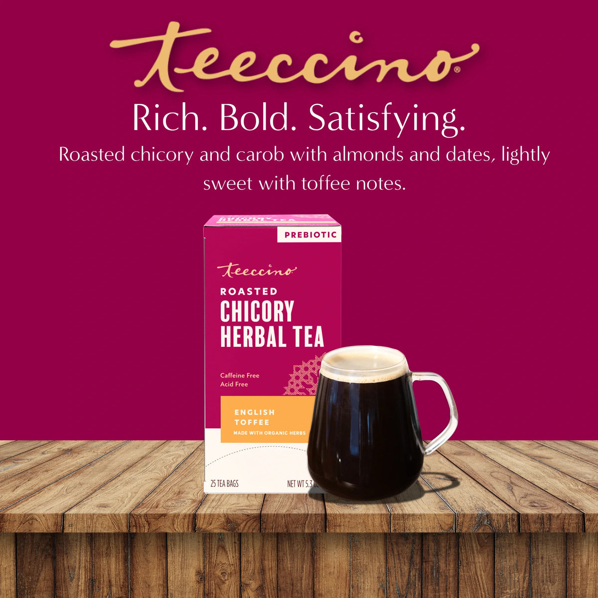 Teeccino roasted chicory herbal tea box with mug on wooden surface