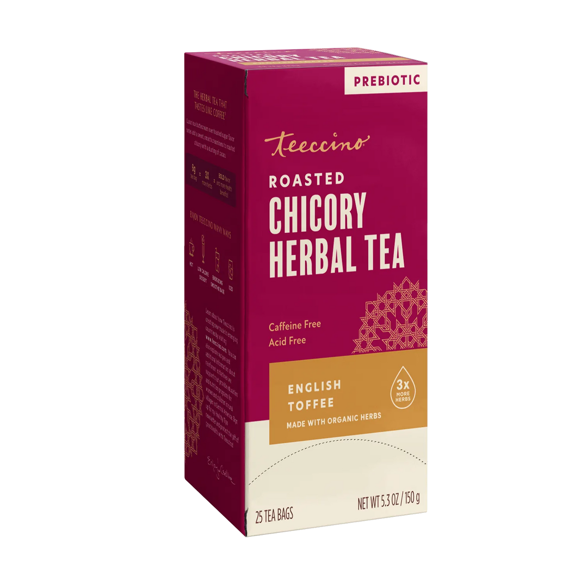 Roasted chicory herbal tea box side view, prebiotic English toffee, 25 tea bags