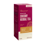 Roasted chicory herbal tea box side view, prebiotic English toffee, 25 tea bags