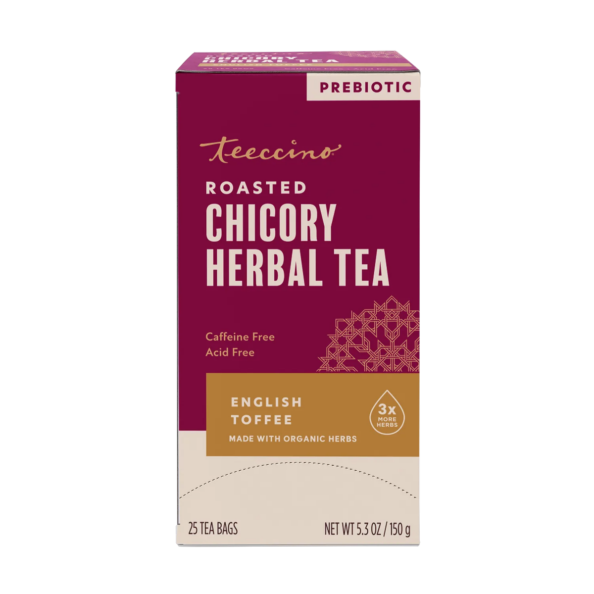 Roasted chicory herbal tea box, prebiotic English toffee, 25 tea bags