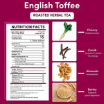 Teeccino English Toffee roasted herbal tea nutrition facts panel and ingredient icons