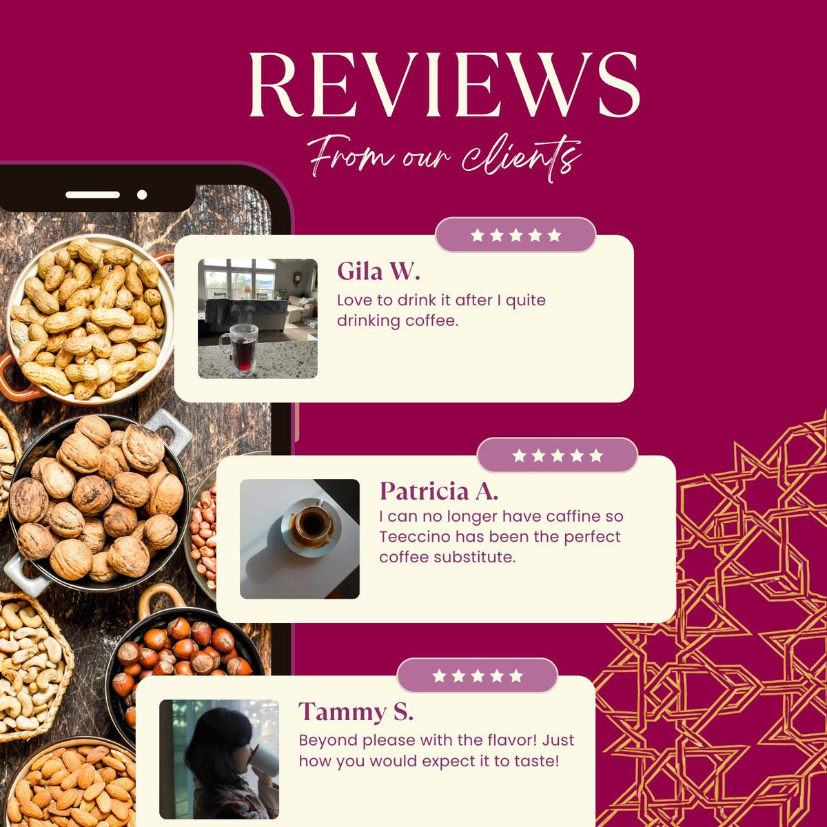 Roasted herbal tea box with customer reviews overlay and coffee ingredient images