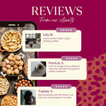 Roasted herbal tea box with customer reviews overlay and coffee ingredient images