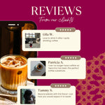 Roasted herbal tea box with customer review cards and star ratings