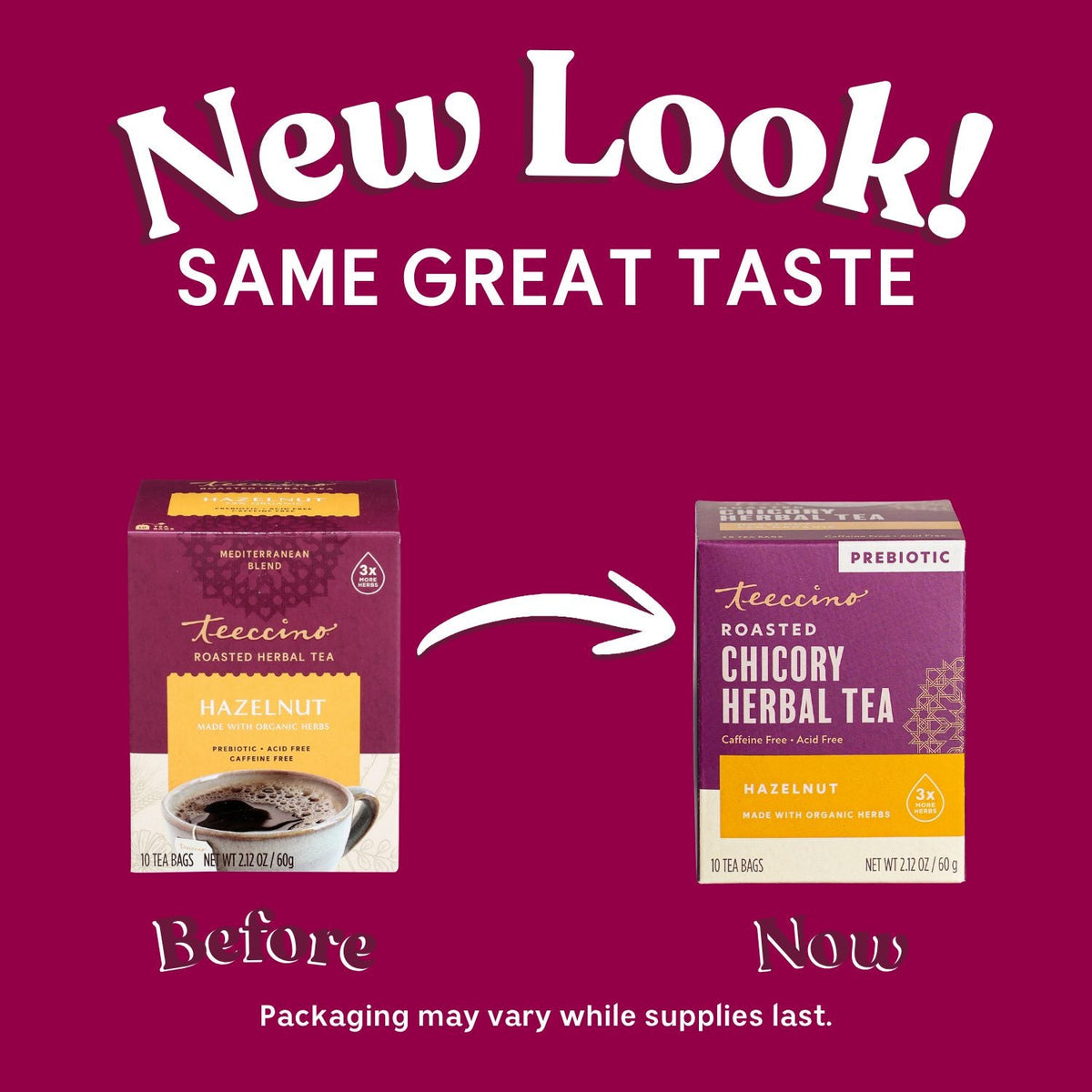 Teecino roasted chicory herbal tea boxes showing packaging change, prebiotic hazelnut