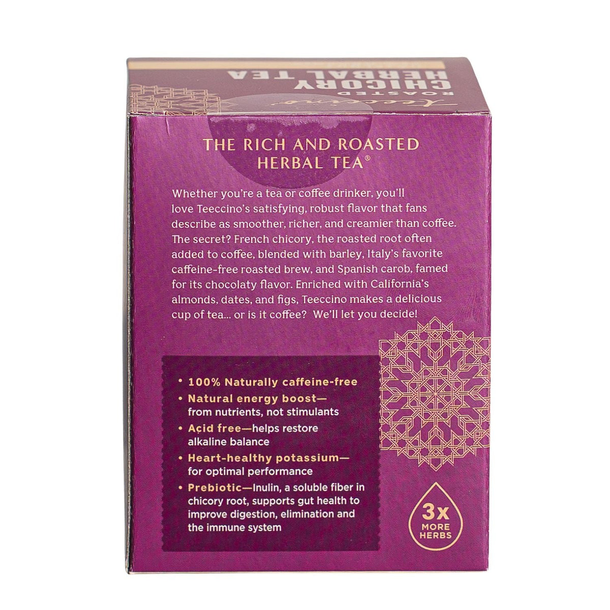 Roasted herbal tea box back panel with ingredients and nutrition text