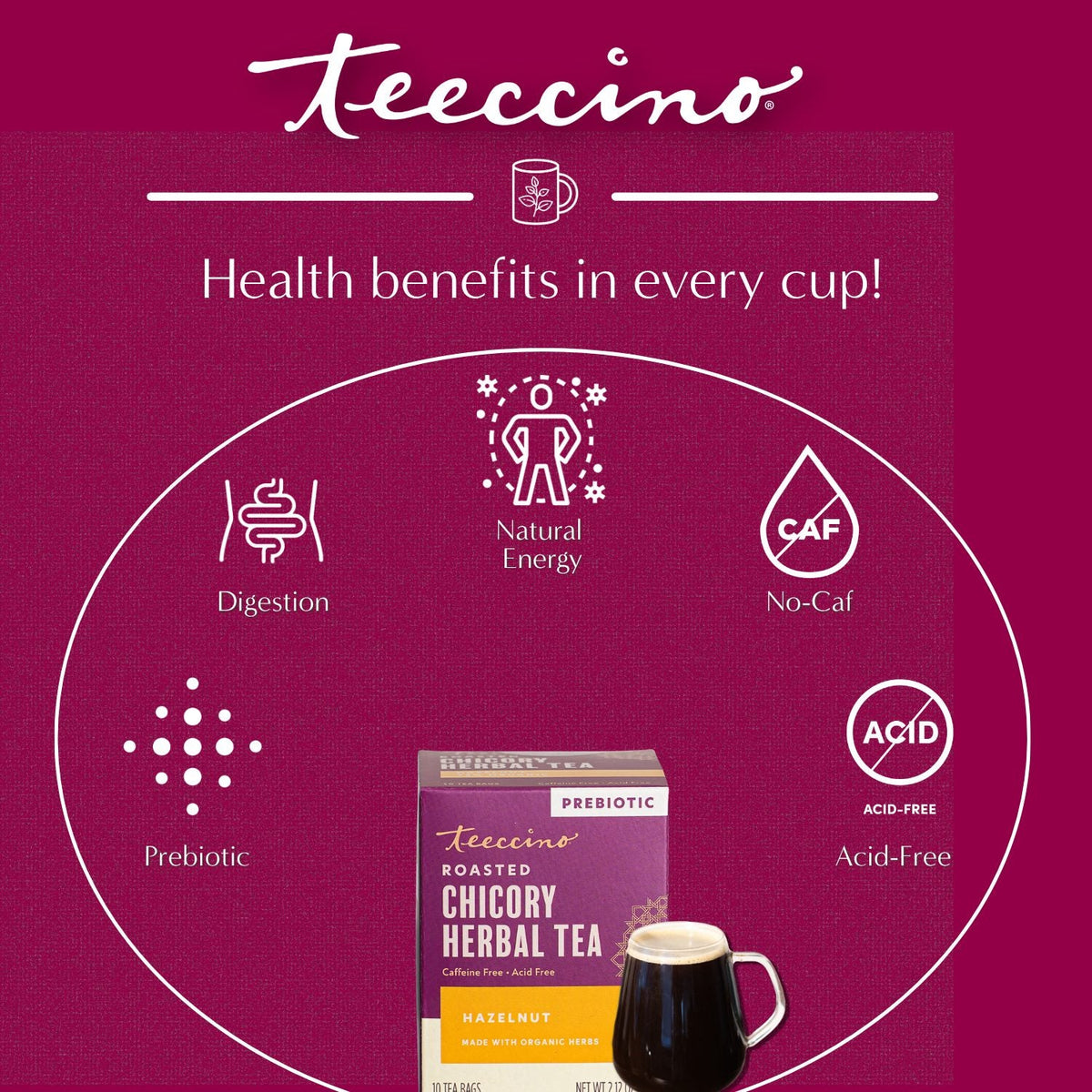 Teecino hazelnut roasted chicory herbal tea health benefits graphic