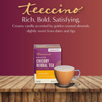 Teecino hazelnut roasted chicory herbal tea box with cup on wood surface