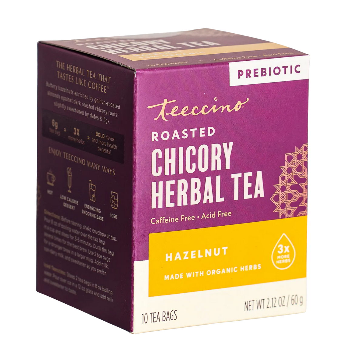 Teecino Roasted Chicory Herbal Tea box, hazelnut prebiotic, side view