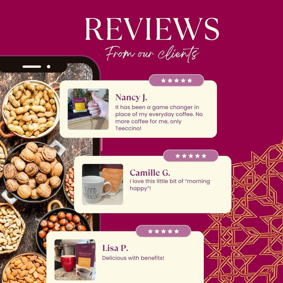 Roasted herbal tea tin-style box with hazelnuts and customer review cards