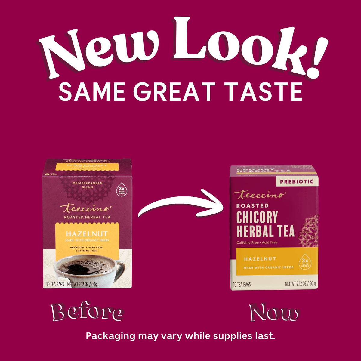 Hazelnut roasted herbal tea packaging comparison graphic showing two box versions