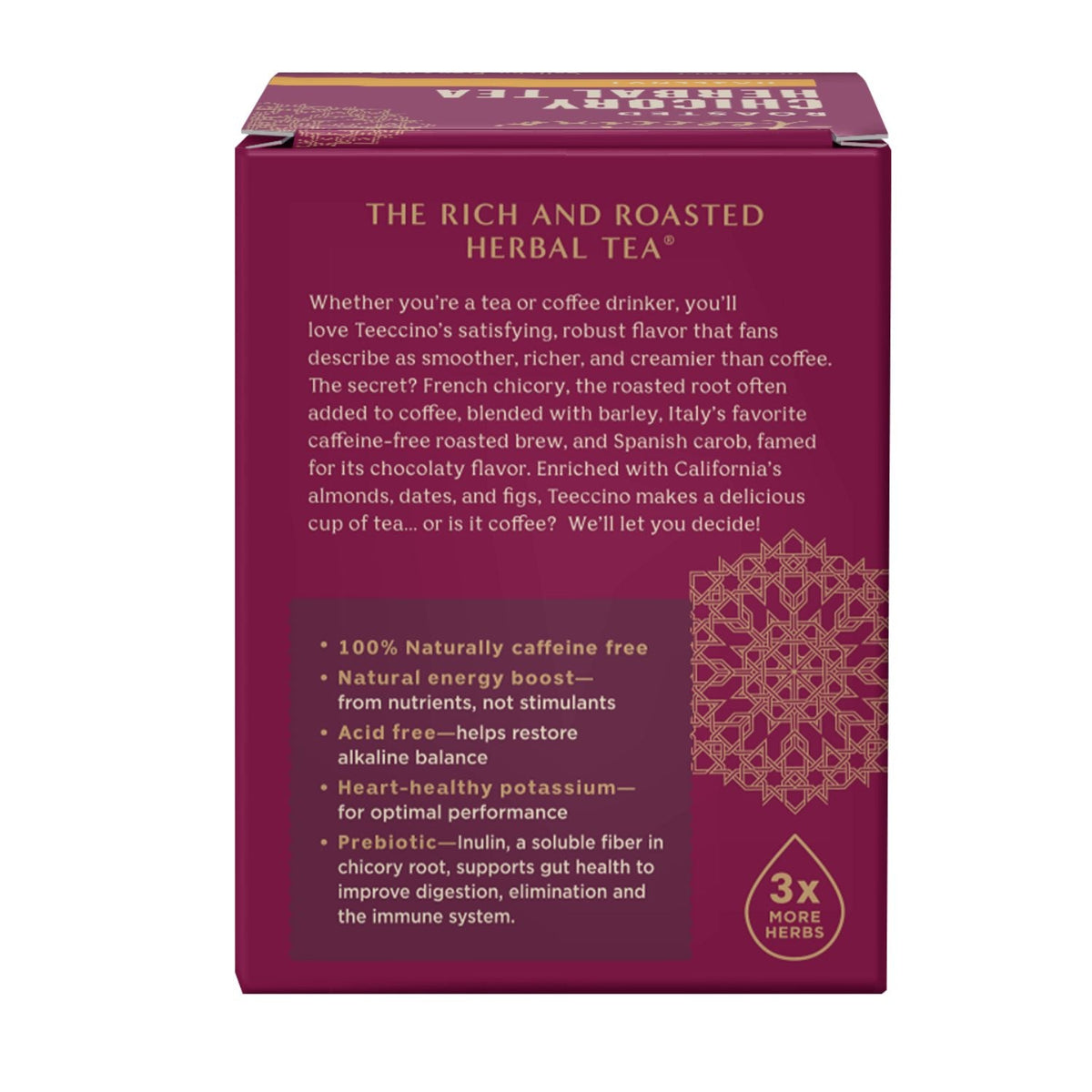 Roasted herbal tea box back panel with bullet benefits and 3x more herbs badge