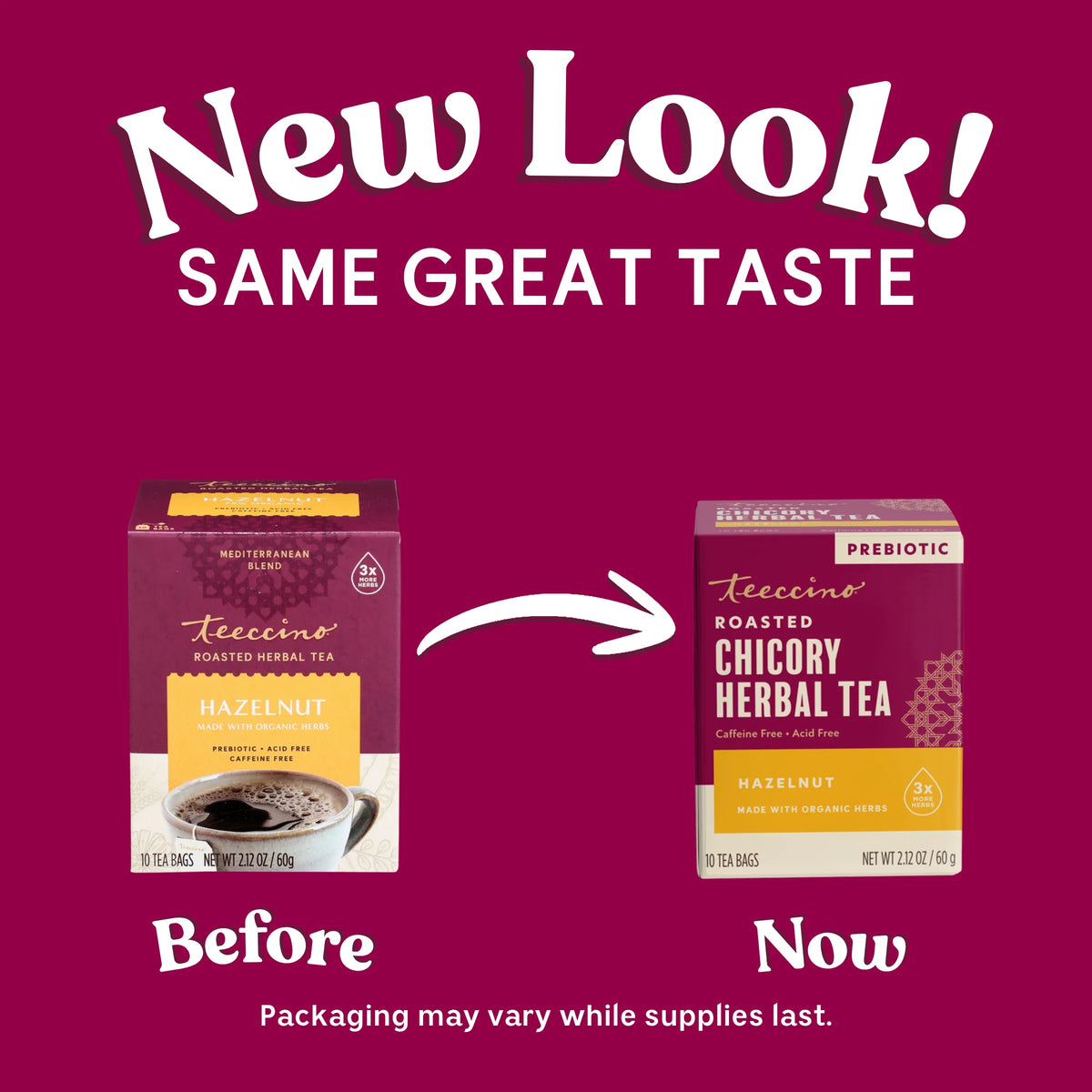 Hazelnut roasted herbal tea packaging update graphic, before and now boxes