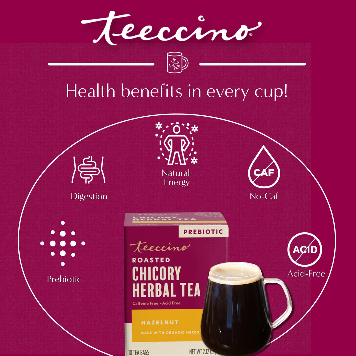 Hazelnut roasted herbal tea health benefits graphic with cup and box