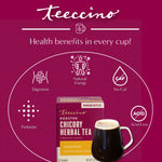 Hazelnut roasted herbal tea health benefits graphic with cup and box