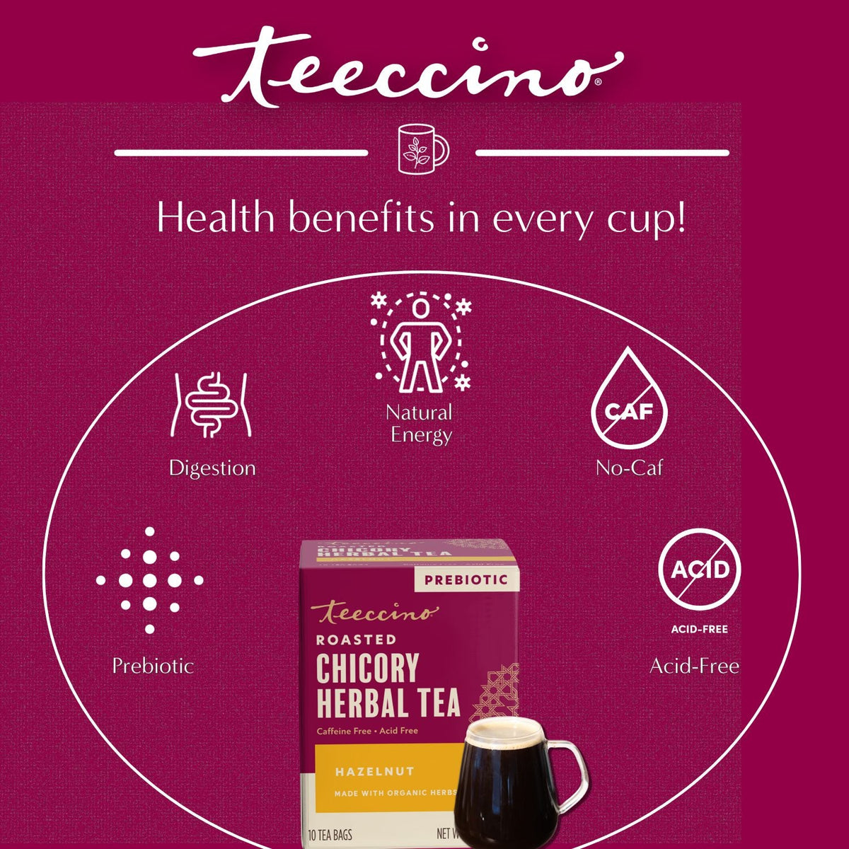 Roasted chicory herbal tea marketing graphic with health benefit icons and box