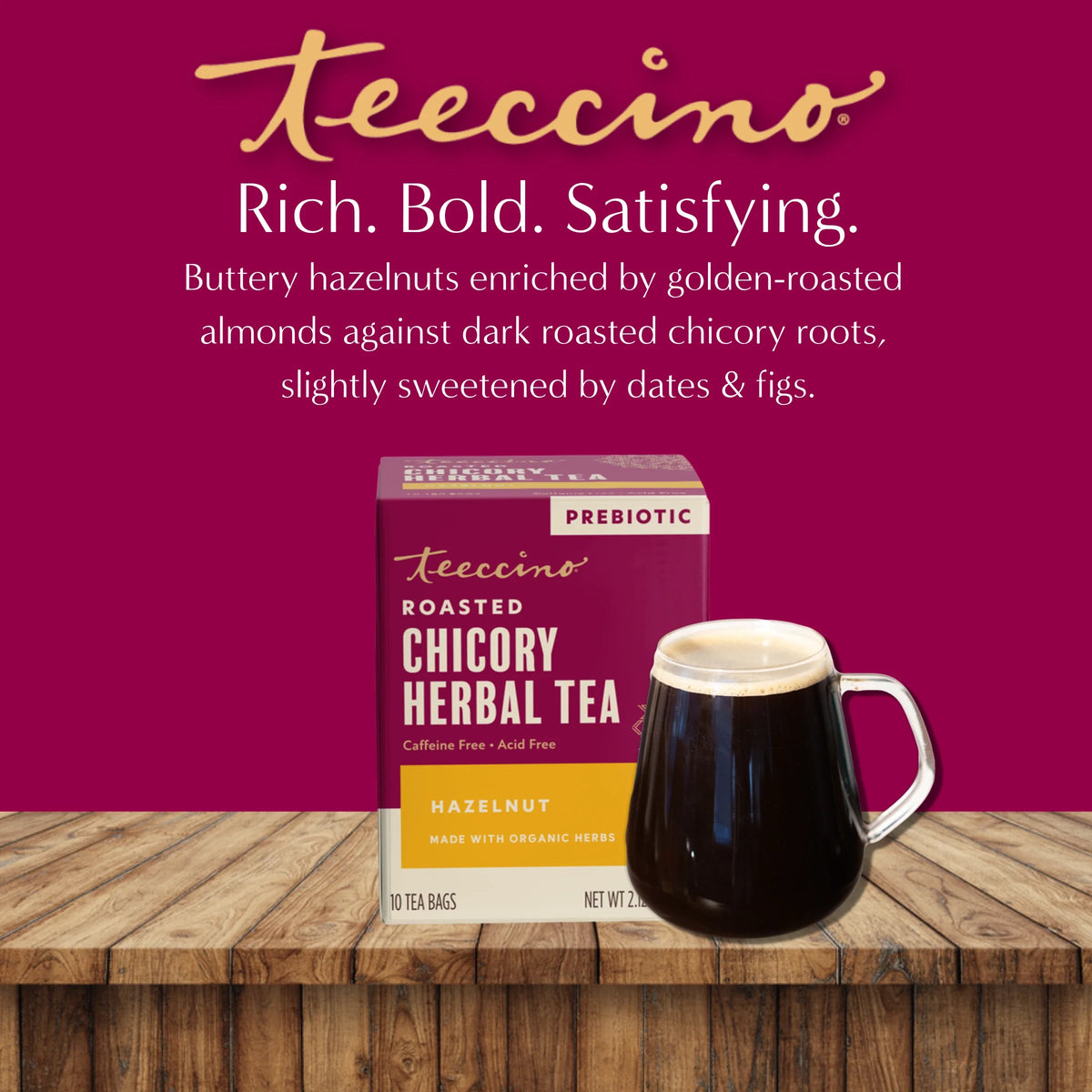 Hazelnut roasted herbal tea box with dark brewed tea in glass mug