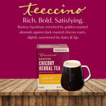 Hazelnut roasted herbal tea box with dark brewed tea in glass mug