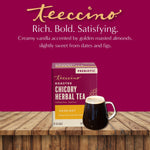Hazelnut roasted herbal tea box with cup of dark brewed tea