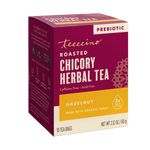 Roasted chicory herbal tea box front with prebiotic label and 10 tea bags