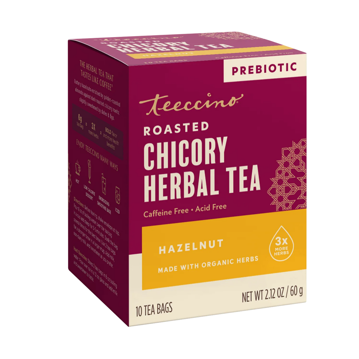 Roasted chicory herbal tea box front with prebiotic label and 10 tea bags