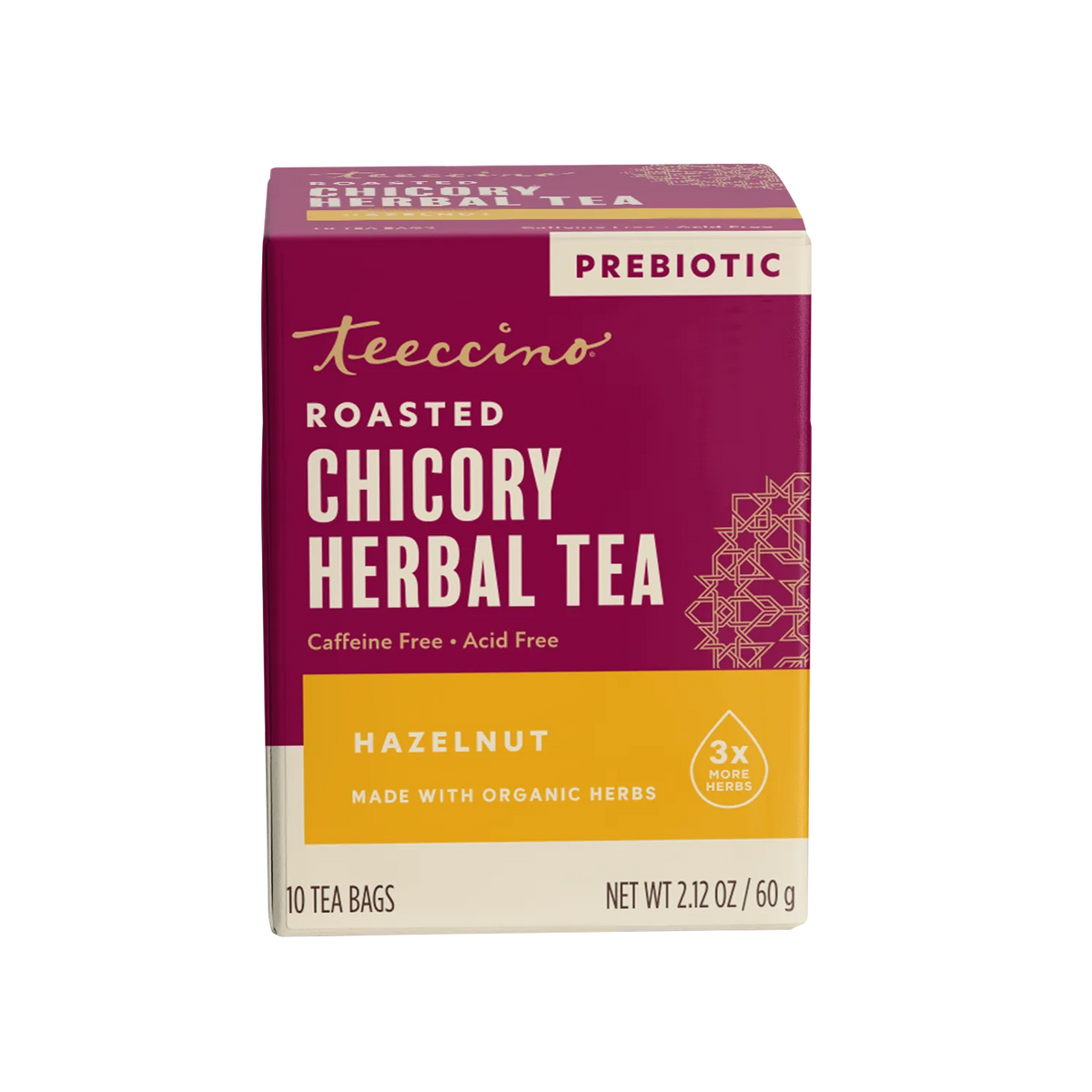 Hazelnut roasted chicory herbal tea box, caffeine free, prebiotic