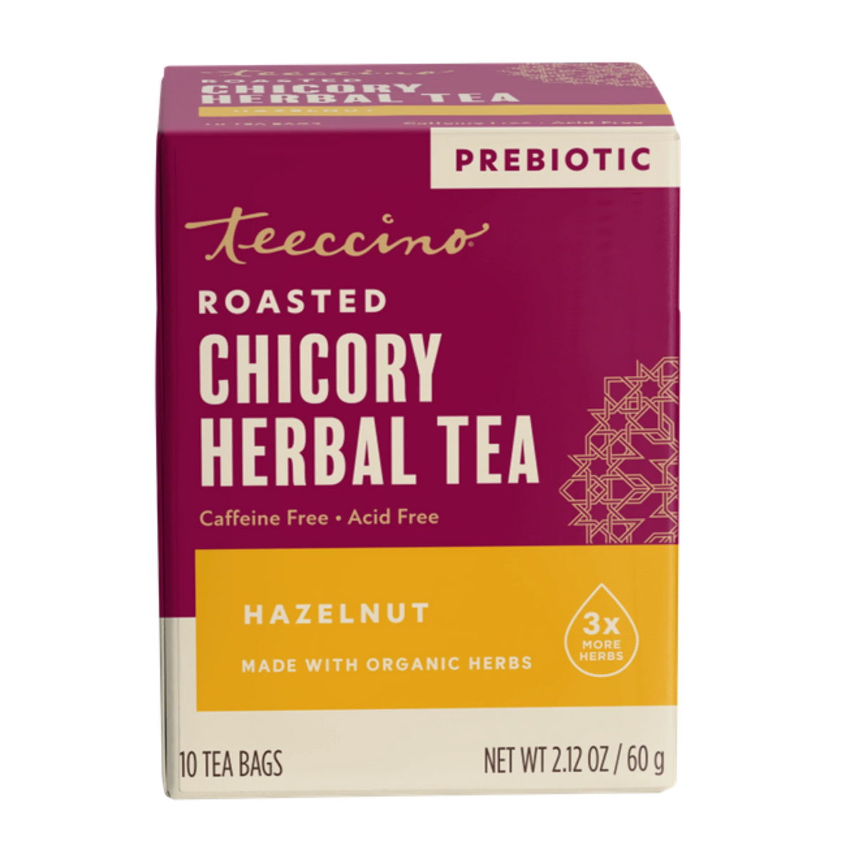 Prebiotic roasted chicory herbal tea box, hazelnut flavor, 10 tea bags