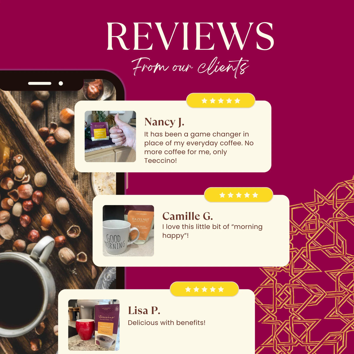 Teecino hazelnut roasted chicory herbal tea box on a reviews-style display