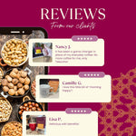 Hazelnut roasted herbal tea reviews graphic with customer rating callouts