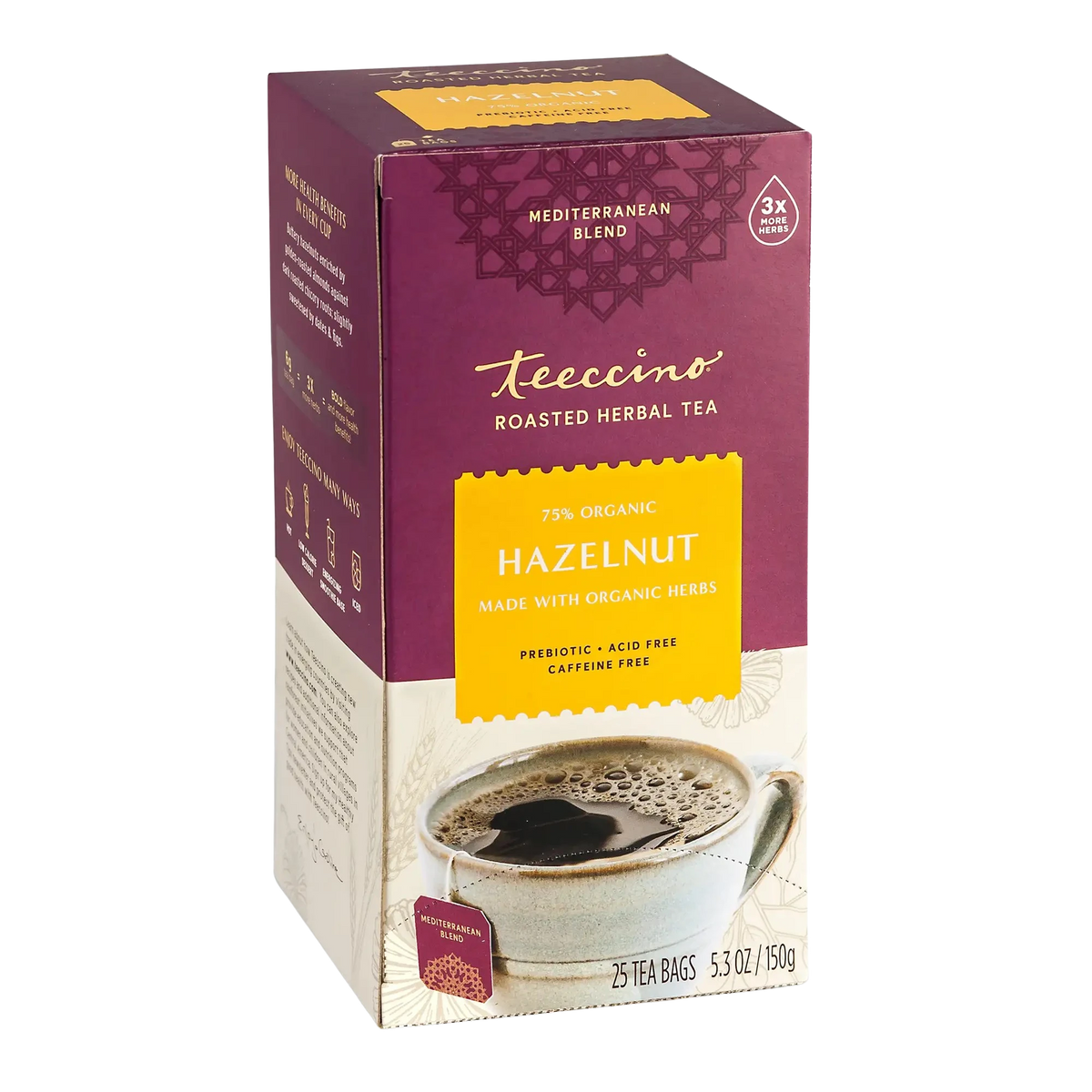 Roasted hazelnut herbal tea box with cup graphic and 3x more herbs badge