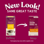 Hazelnut roasted herbal tea packaging change graphic showing two box designs