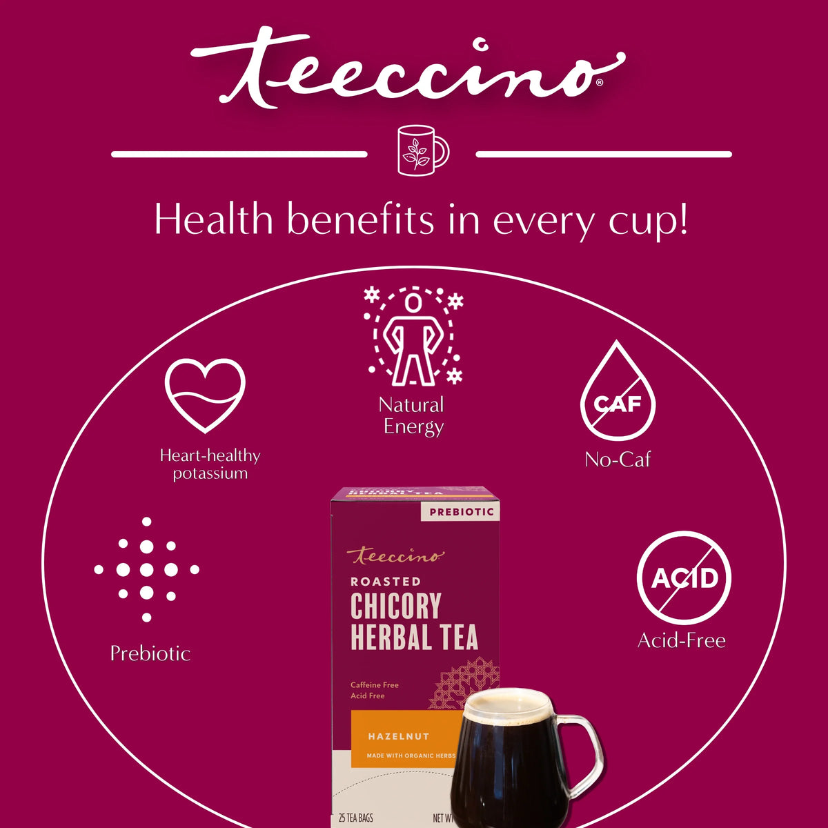 Hazelnut roasted herbal tea health benefits diagram with prebiotic cup and box