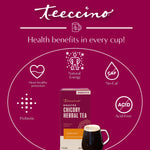 Hazelnut roasted herbal tea health benefits diagram with prebiotic cup and box