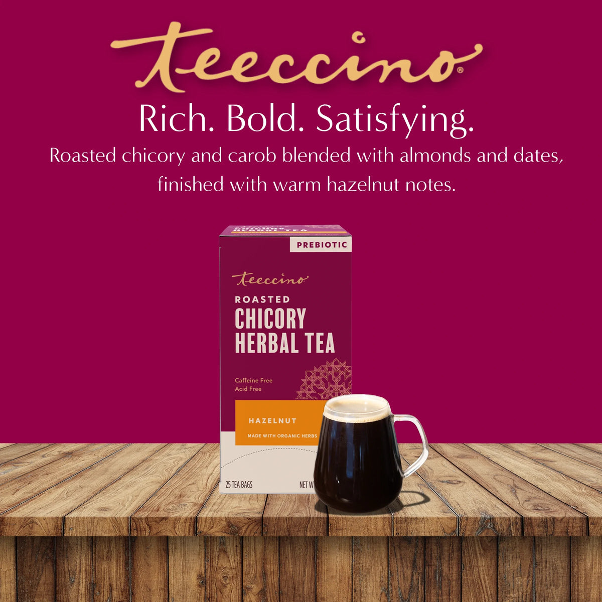 Roasted chicory herbal tea box with hazelnut label and tea cup