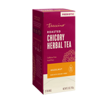 Roasted chicory herbal tea box with prebiotic label and hazelnut flavor badge