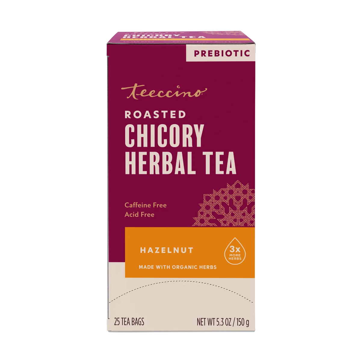 Teecino Roasted Chicory Herbal Tea box with hazelnut, prebiotic, 25 tea bags