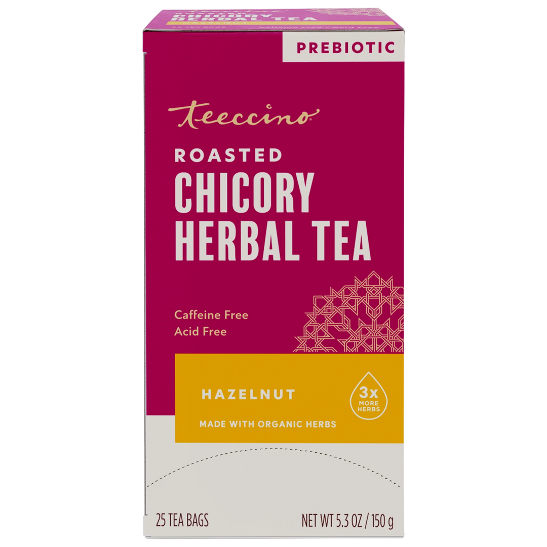 Teecino Roasted Chicory Herbal Tea box with hazelnut, prebiotic, 25 tea bags