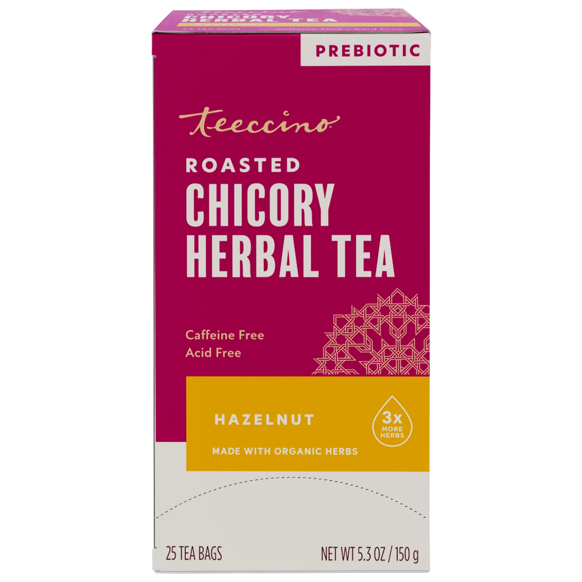 Teecino Roasted Chicory Herbal Tea box with hazelnut, prebiotic, 25 tea bags