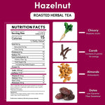 Hazelnut roasted herbal tea nutrition facts with prebiotic inulin icons