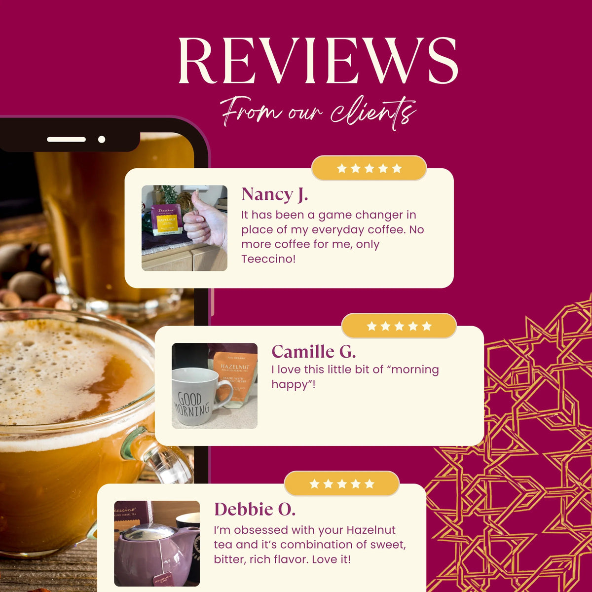 Teecino hazelnut roasted chicory herbal tea box on a reviews-style display