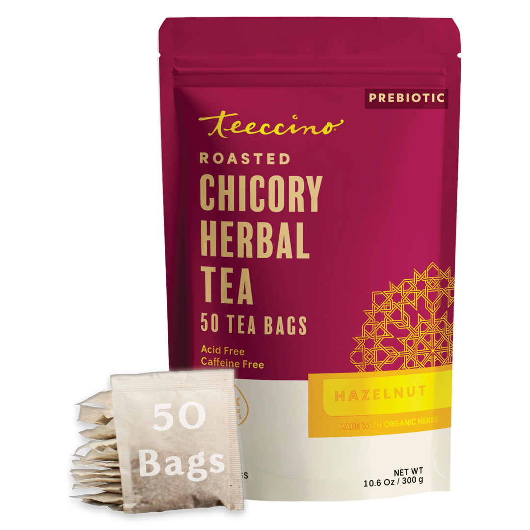 Roasted chicory herbal tea pack with hazelnut label and 50 tea bag sachets
