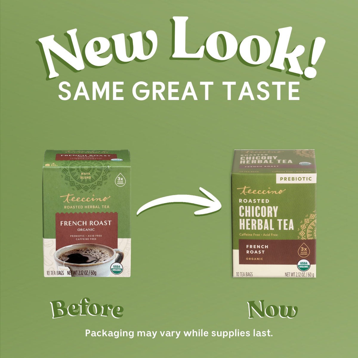Teeccino packaging update graphic with French roast tea box comparison