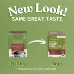 Teeccino packaging update graphic with French roast tea box comparison