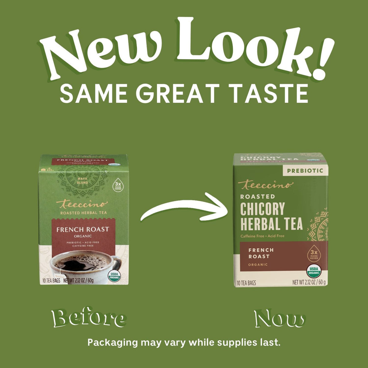 Green promo graphic showing two French roast herbal tea boxes with an arrow