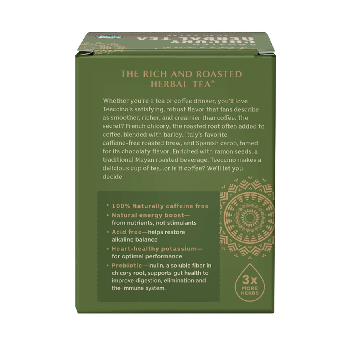 Green tea box back panel with ingredient and benefit list and 3x more herbs badge