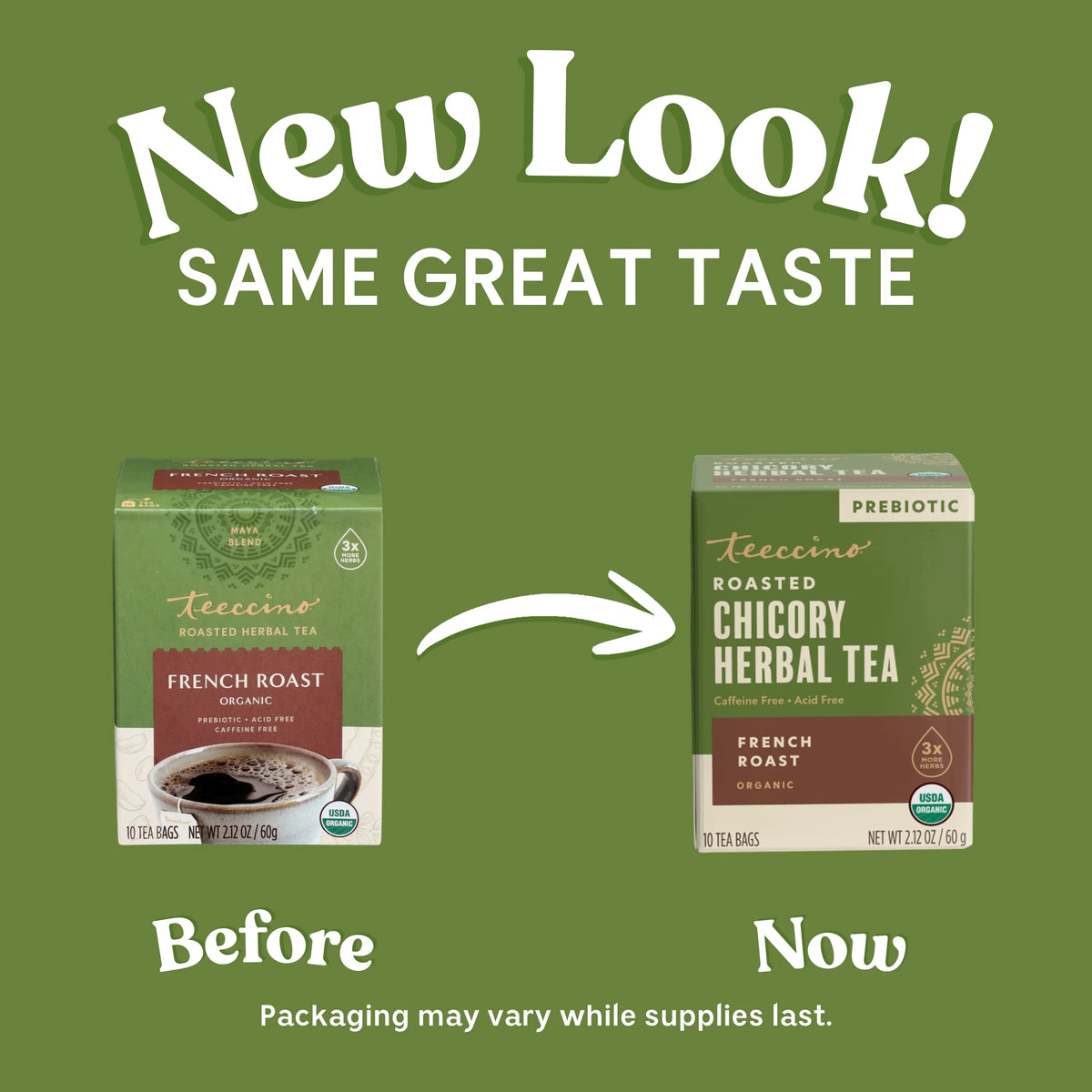 teeccino French roast tea packaging side-by-side: small and new look boxes