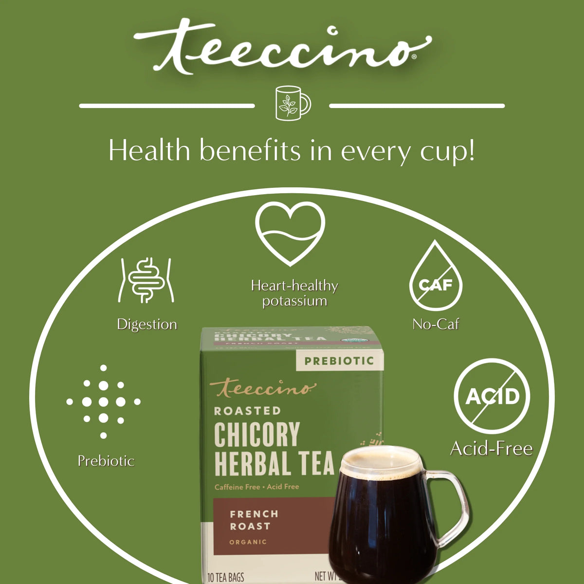 teeccino roasted chicory herbal tea box with glass mug of dark tea