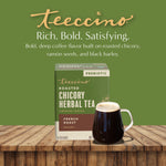 teeccino roasted chicory herbal tea box with glass mug on wooden surface